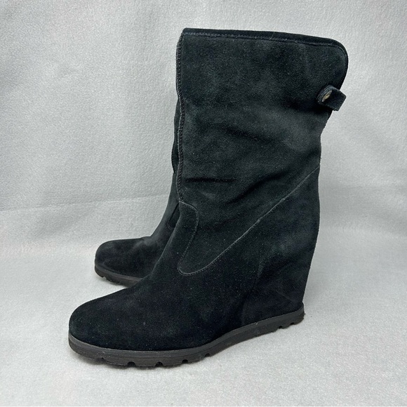 UGG Australia Kyra Genuine Shearling Wedge Heel Ankle Boots Black Suede Size 10 - Picture 1 of 11
